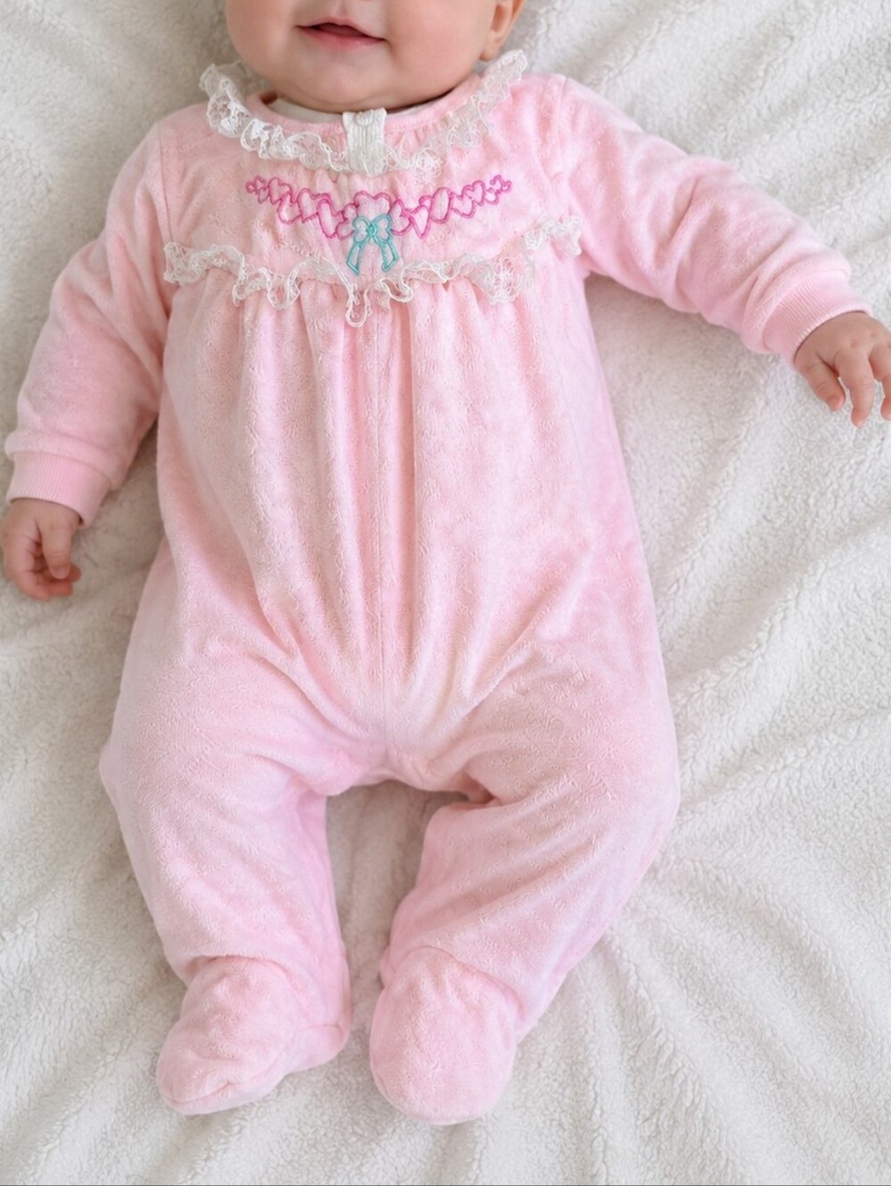 Vintage Snugabye Pink Footed Sleeper | Lace Trim | Size 9 lbs | Made in Canada |